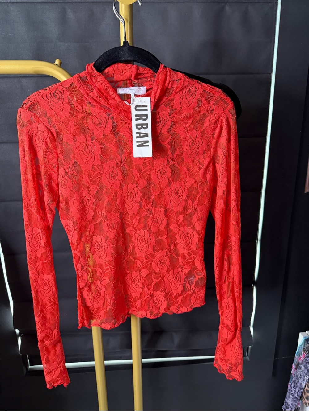 Urban Outfitters Red Floral Lace Long-Sleeve Mock Neck Top